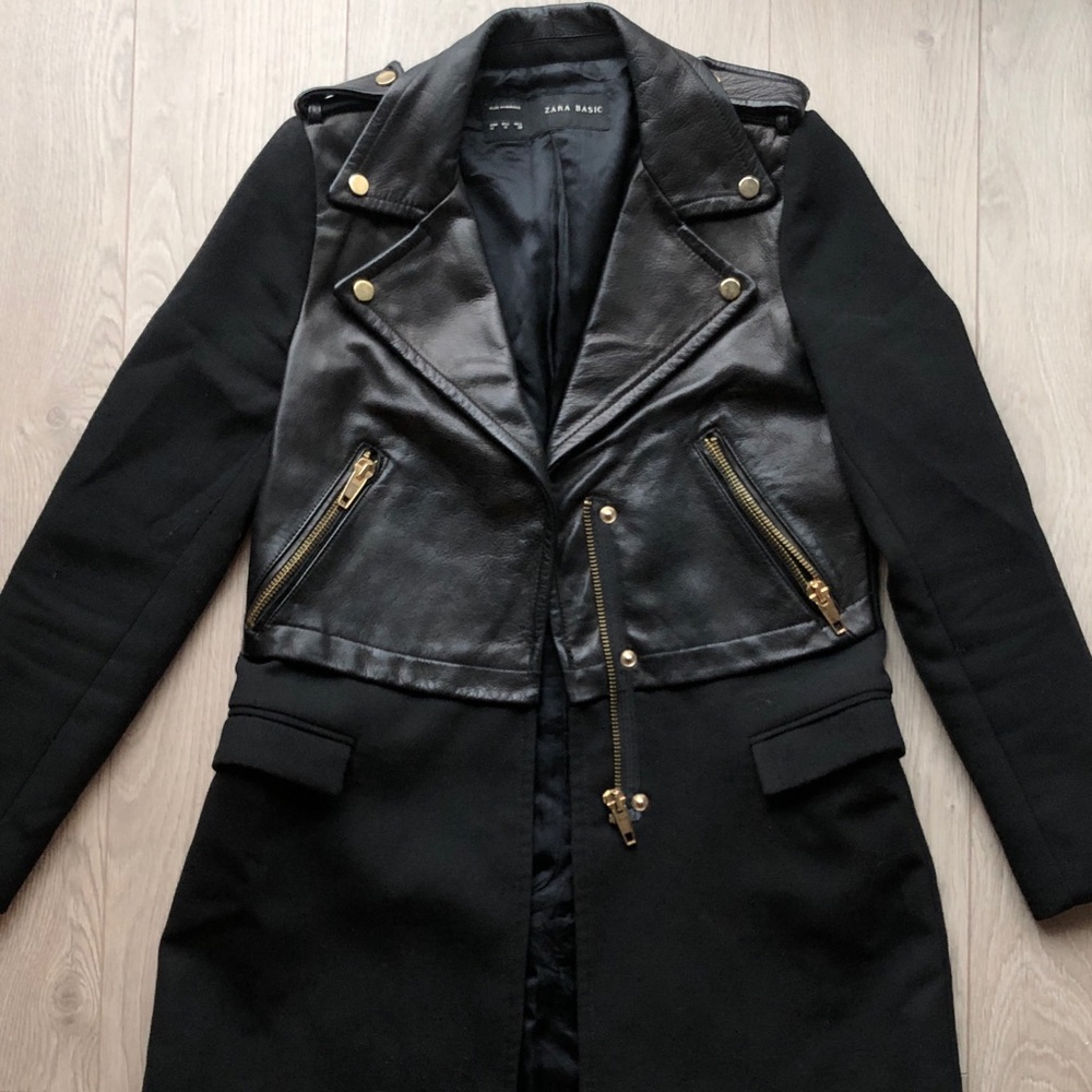 Zara Leather Moto Biker Long Zip Jacket